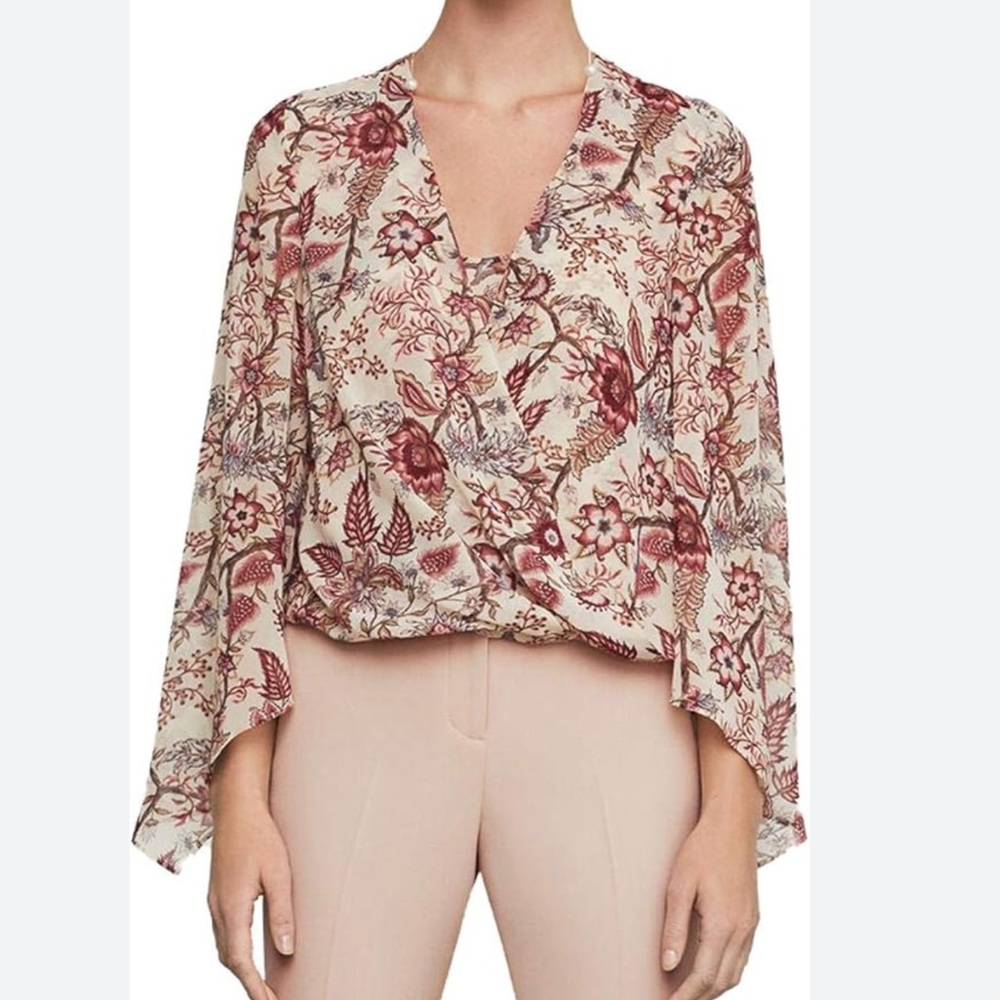 BCBGMAXAZRIA Floral Toile Faux Wrap Top Size M Women Boho V Neck Light Weight